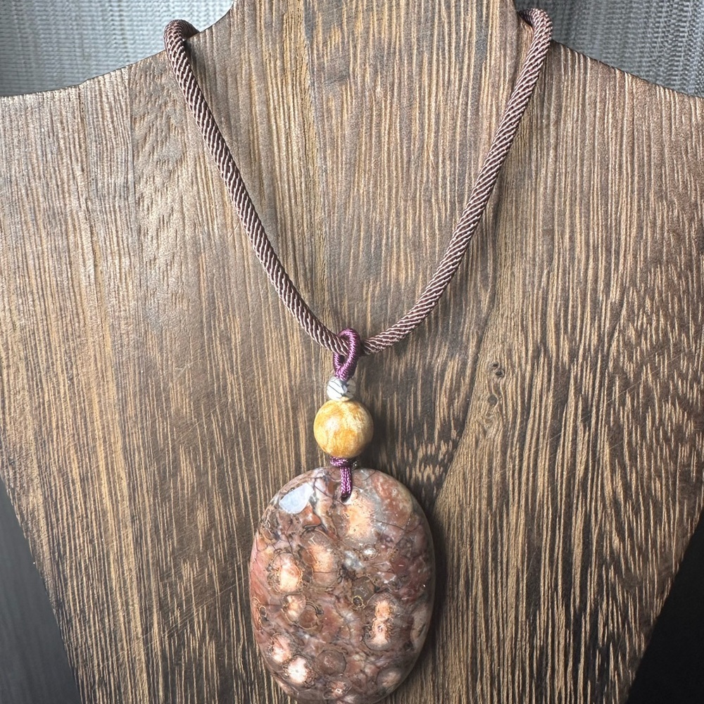 Ocean Jasper Pendant Necklace, Palo Santo Bead on Brown Rope - Picture 10 of 11